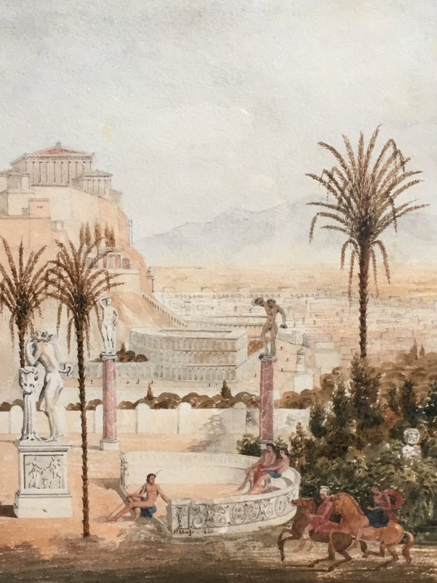 Prosper Morey The Acropolis Of Athens Watercolor Antique Scene 1840-photo-2