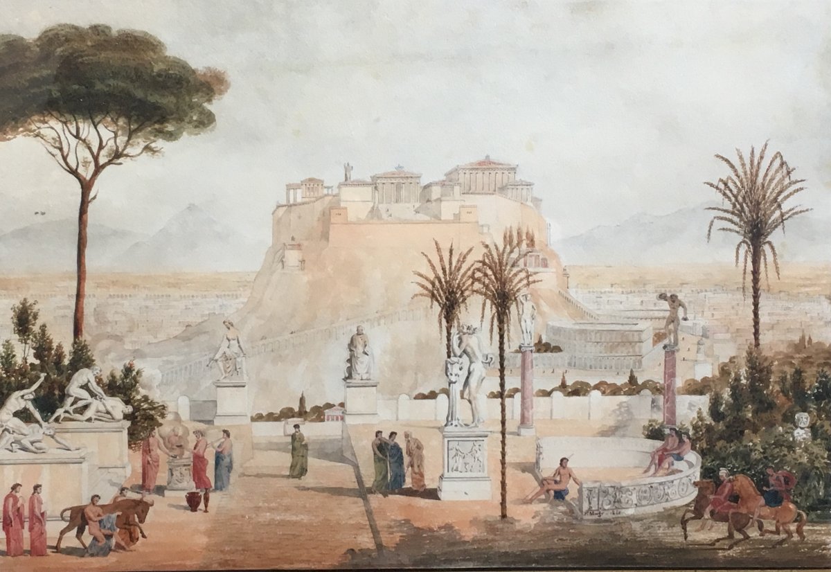 Prosper Morey L’acropole D’athènes Aquarelle Scène Antique 1840