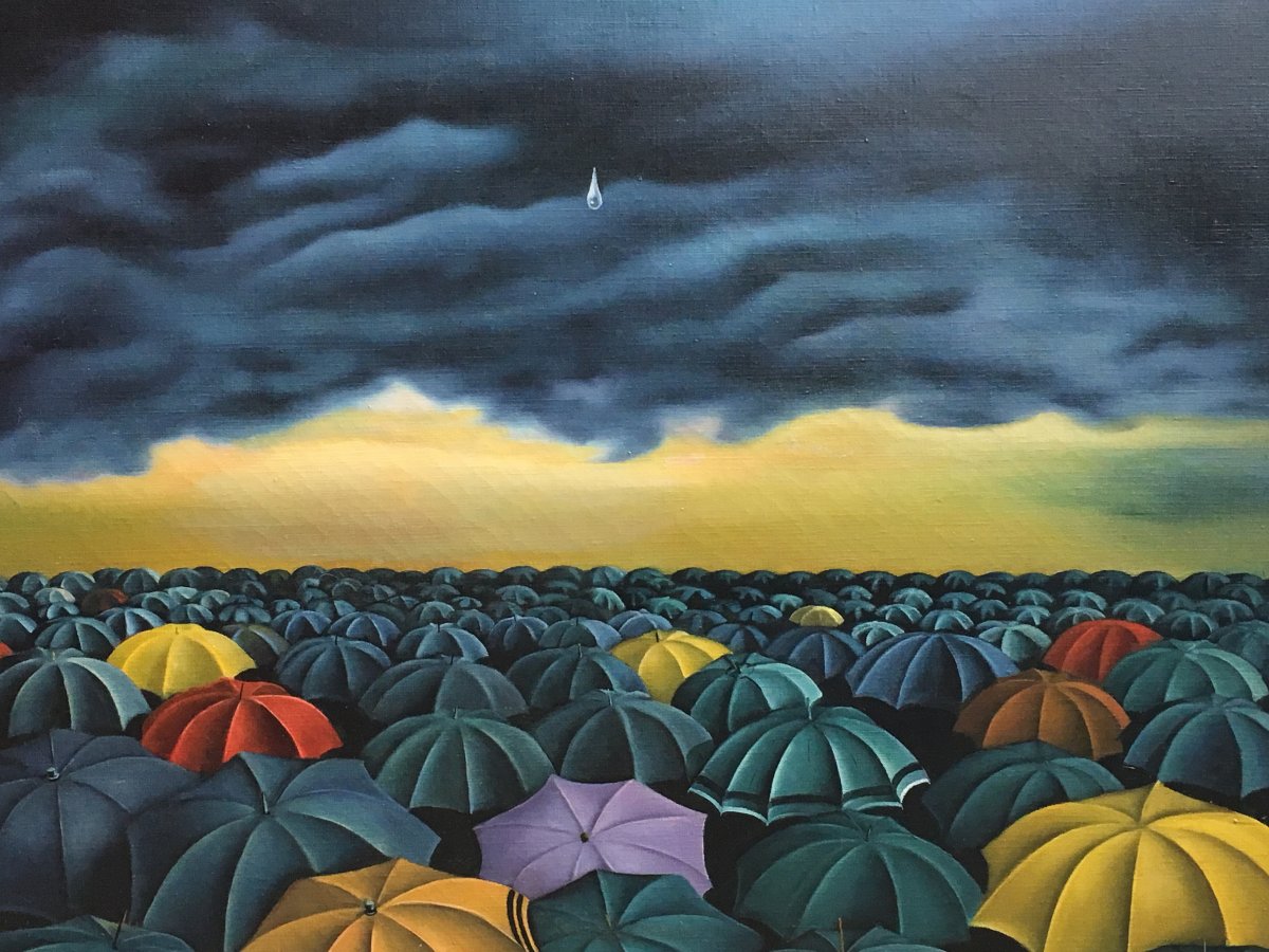 Fernando San Martin Félez The Drop Of Water And The Umbrellas Oil Canvas Surreal Spanish-photo-2