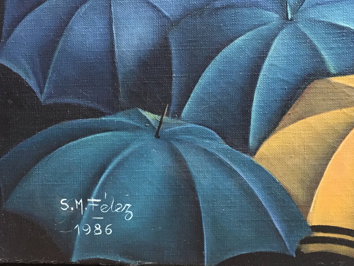 Fernando San Martin Félez The Drop Of Water And The Umbrellas Oil Canvas Surreal Spanish-photo-4