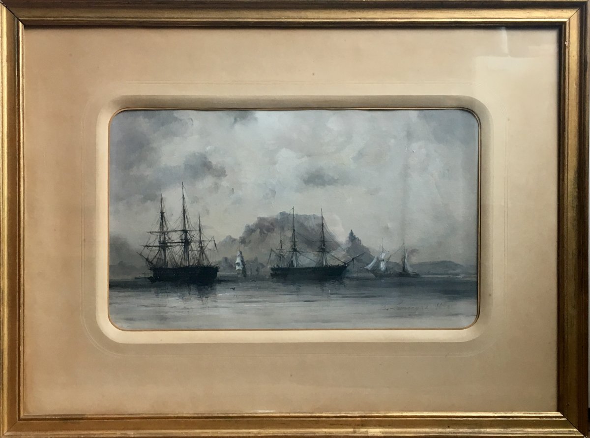 Barthélemy Lauvergne Le  Cap Afrique Du Sud 1859 Huile Et Gouache Sur Papier Marine-photo-3