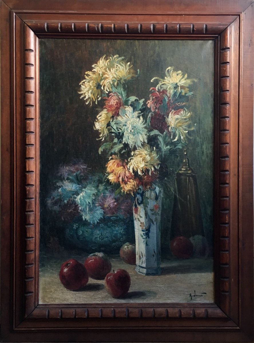 Alexandre Jacob Still Life With Apples And Chrysanthemums Oil On Canvas Late Nineteenth Century-photo-2