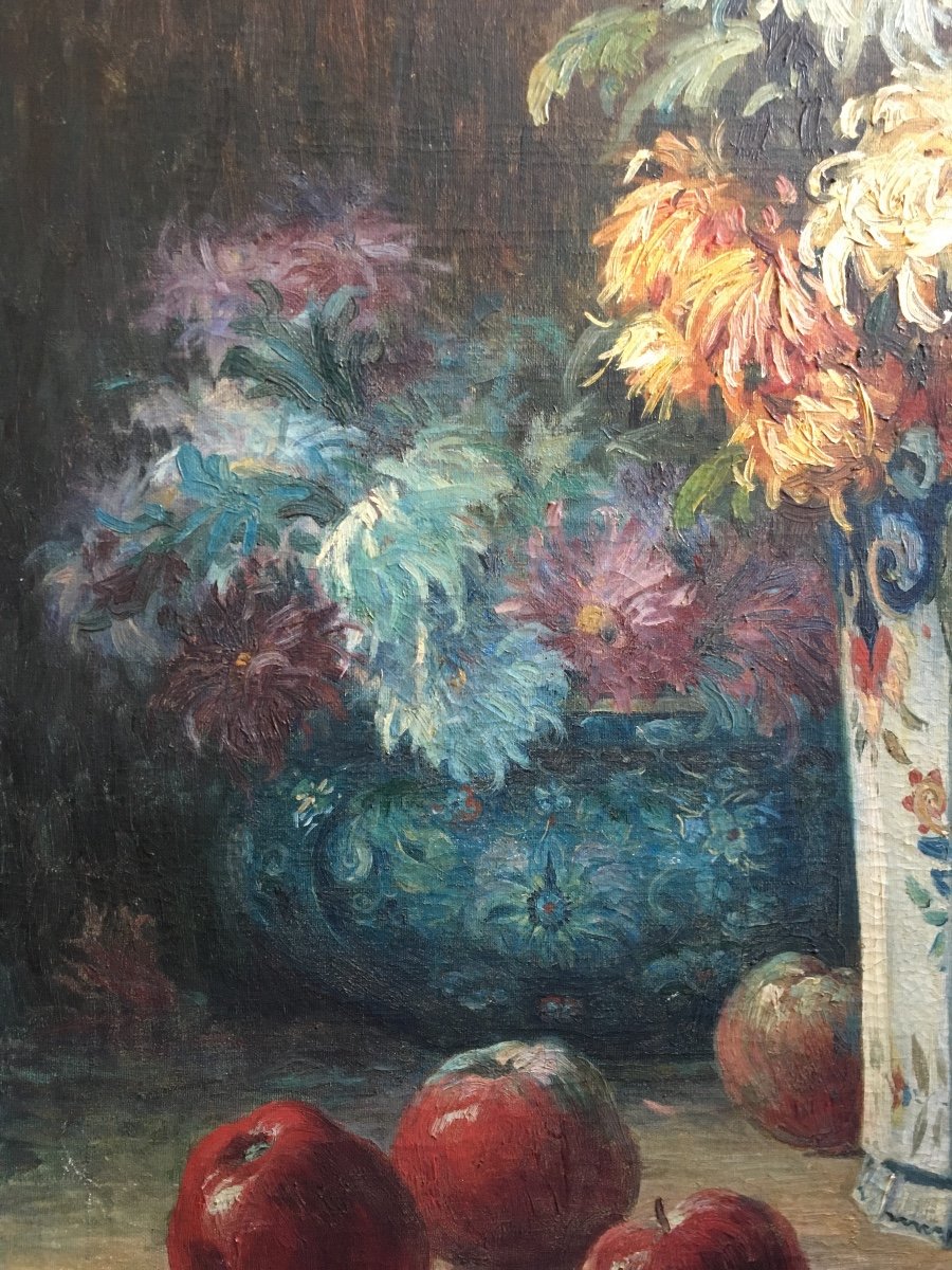 Alexandre Jacob Still Life With Apples And Chrysanthemums Oil On Canvas Late Nineteenth Century-photo-2