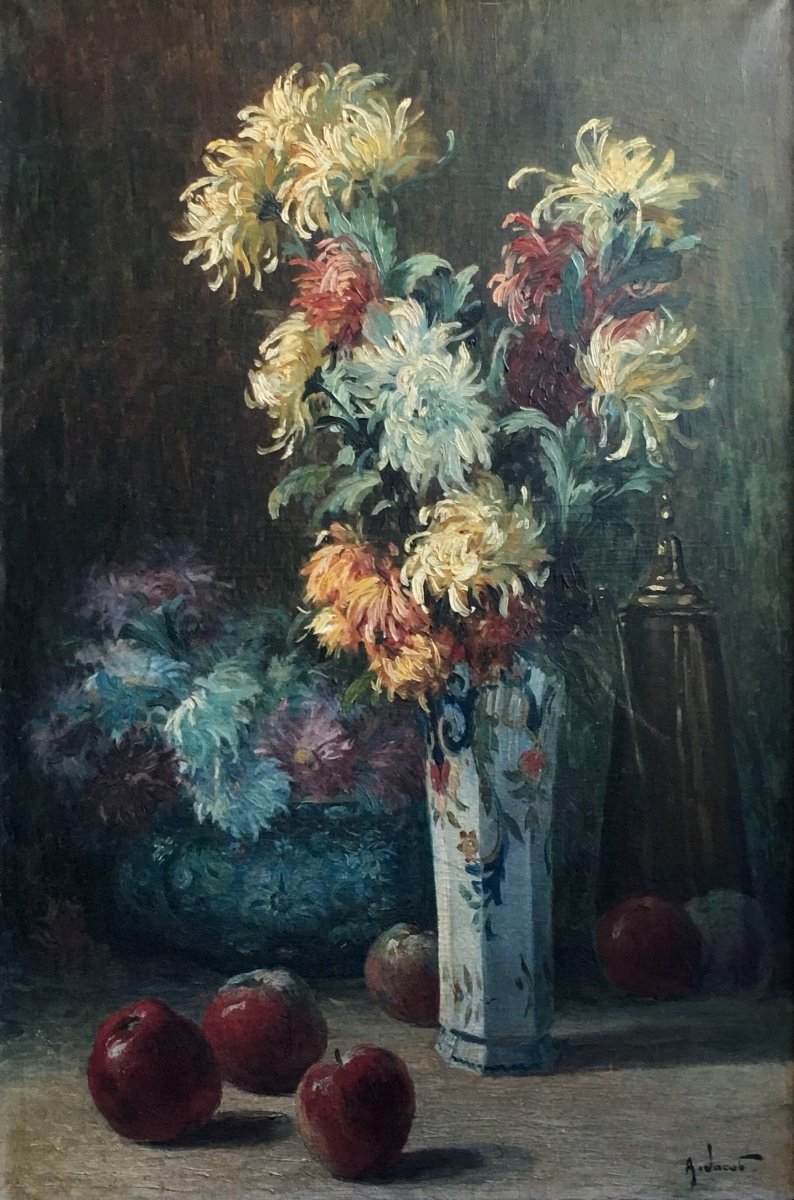 Alexandre Jacob Still Life With Apples And Chrysanthemums Oil On Canvas Late Nineteenth Century