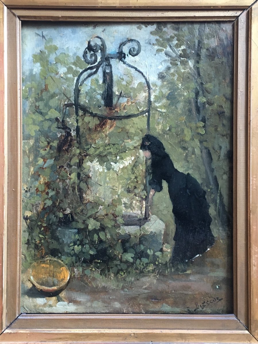 Raoul Henri Bessede Woman At The Well Oil On Panel Impressionist Nineteenth-photo-2