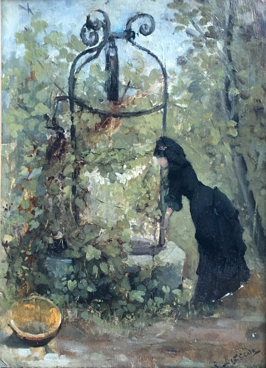 Raoul Henri Bessede Woman At The Well Oil On Panel Impressionist Nineteenth-photo-3