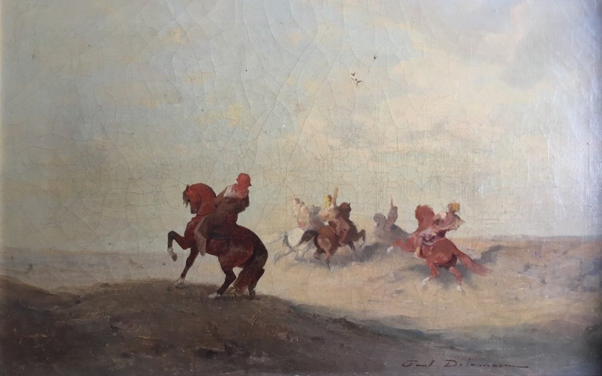 Paul Delamain Hunting For Falcons Orientalism Arab Falconers Oil On Canvas C. 1860 Morocco