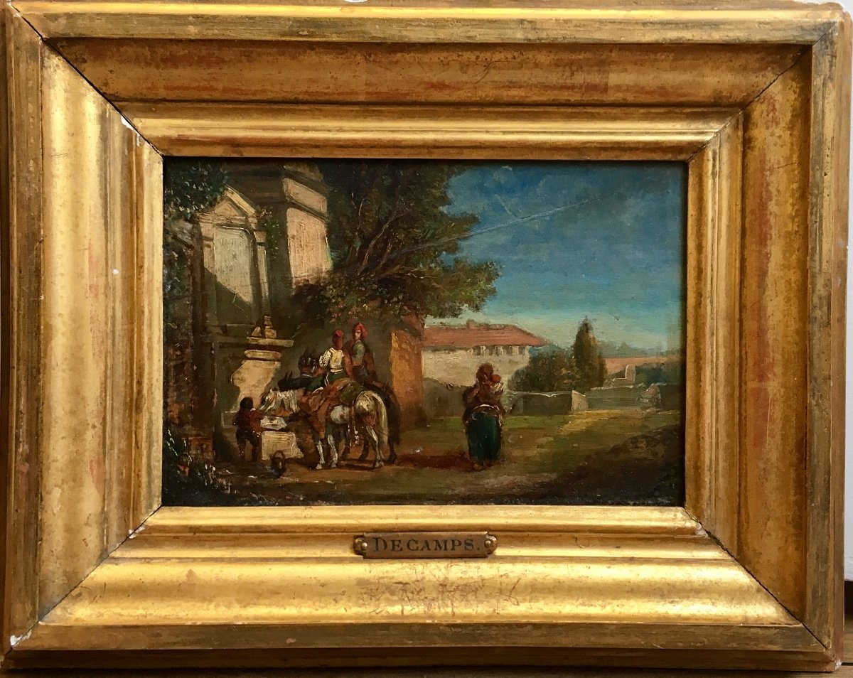 Italian Landscape Attributed To Alexandre Gabriel Decamps Oil On Panel Animated Scene Fountain-photo-1