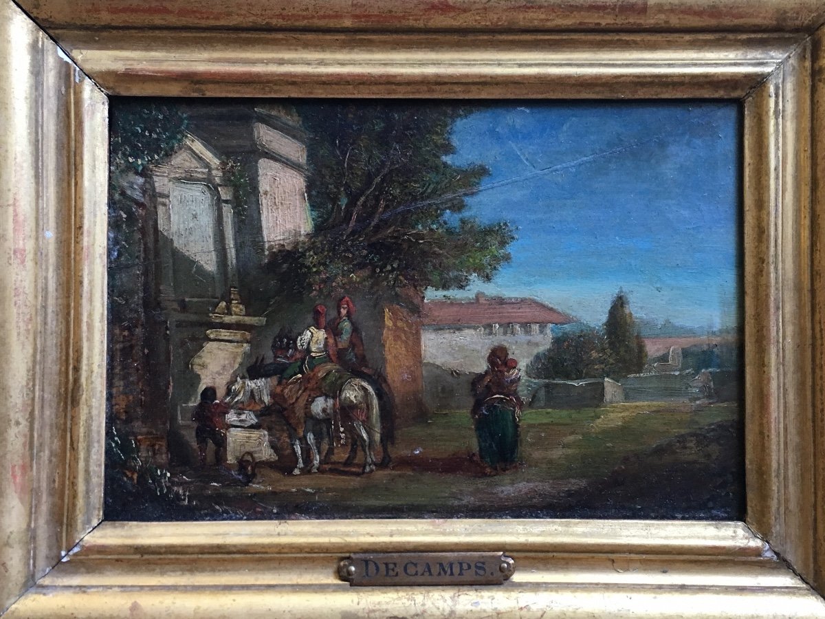 Italian Landscape Attributed To Alexandre Gabriel Decamps Oil On Panel Animated Scene Fountain-photo-2