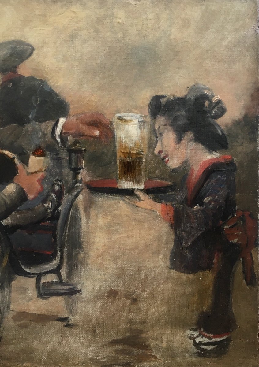 Attr To Charles Betout Japanese Serving A Beer To A European Oil On Canvas XIX Caricature-photo-3