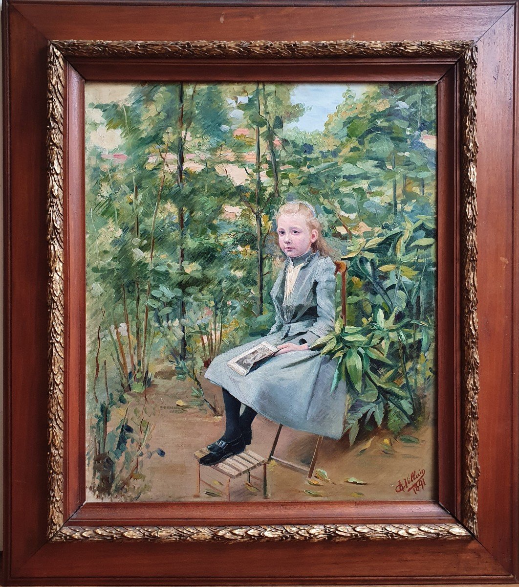 Charles Villain Jeune Fille à La Lecture Dans Un Jardin Huile Sur Toile Peintre De Nancy 1891 -photo-2