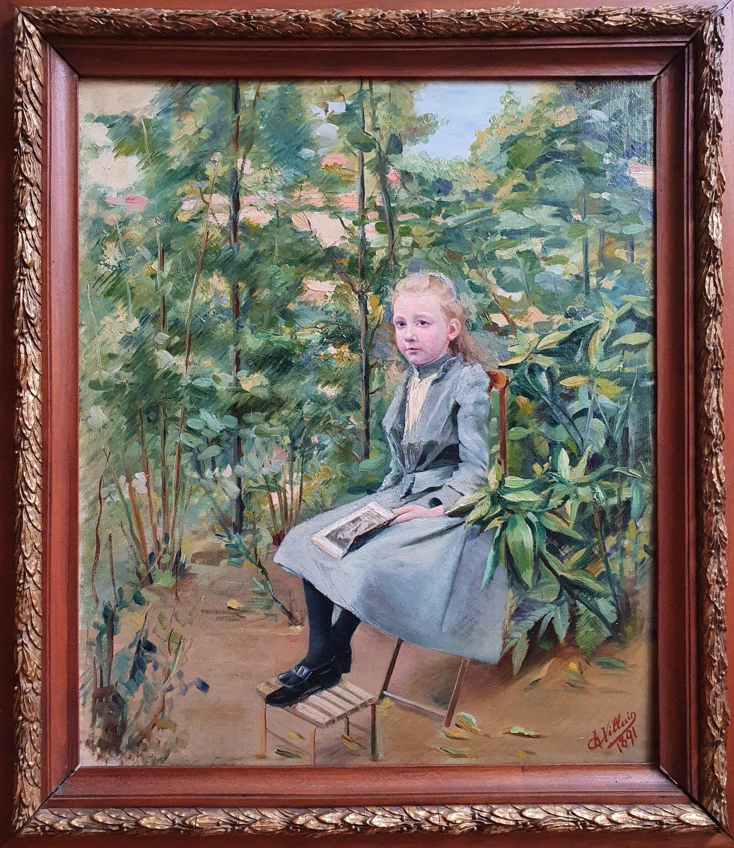 Charles Villain Jeune Fille à La Lecture Dans Un Jardin Huile Sur Toile Peintre De Nancy 1891 -photo-3