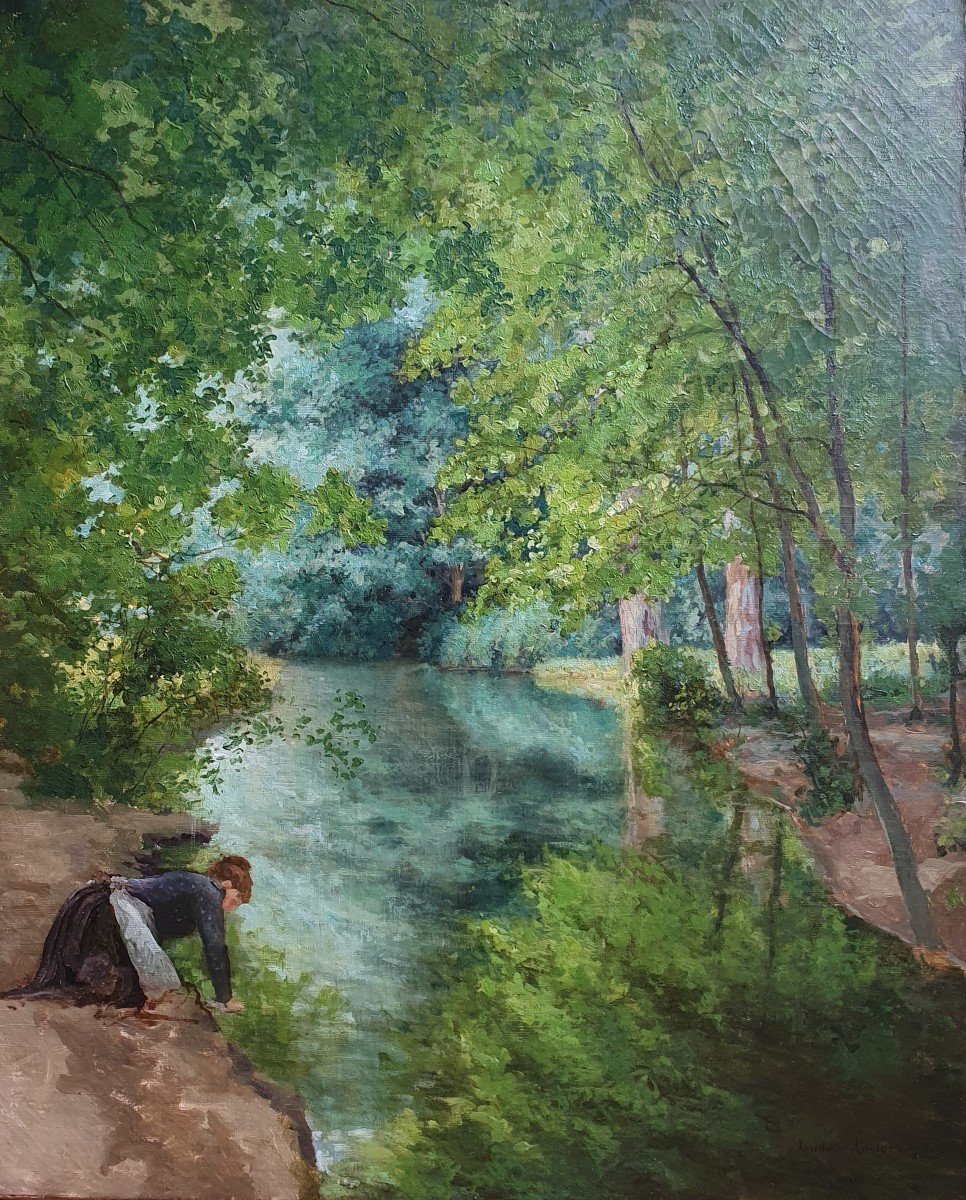Tristan Lacroix Femme Lavant Son Linge Dans Un Cours D'eau 1892 forêt 