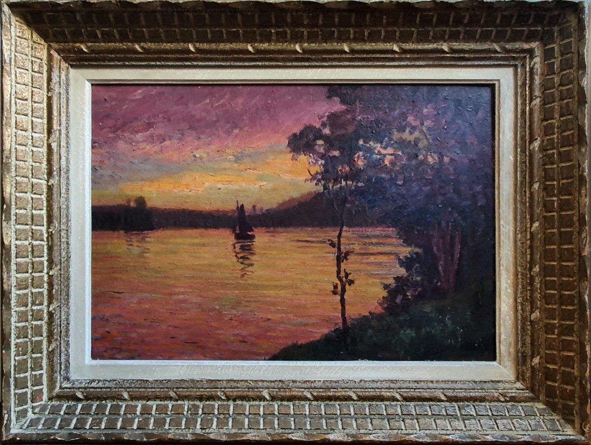 Paul Mascart Twilight On The Seine Villa Belle Vue Meudon? Oil On Cardboard-photo-2