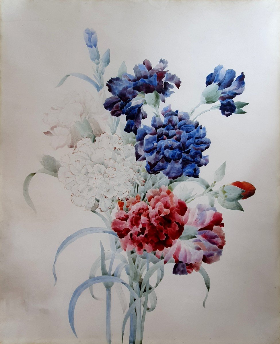 Floral Composition School Of Pierre-joseph Redouté Watercolor On Vellum With Its Period Frame-photo-2