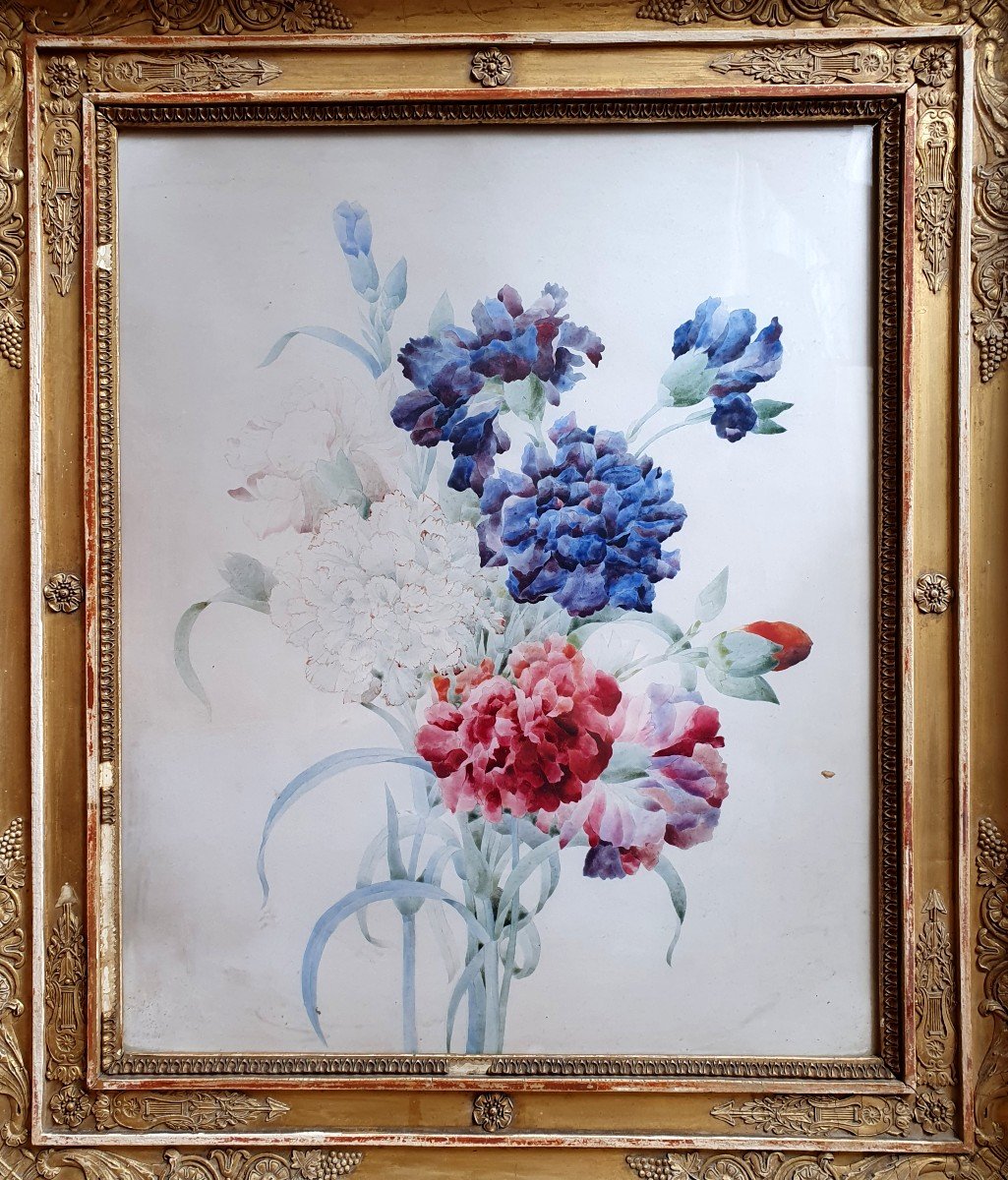 Floral Composition School Of Pierre-joseph Redouté Watercolor On Vellum With Its Period Frame-photo-5
