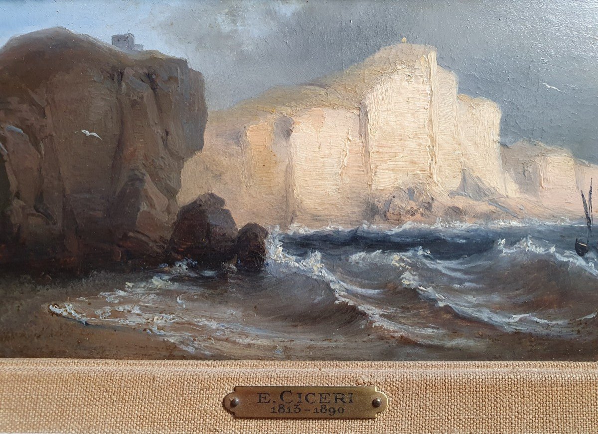 Attributed To Eugène Cicéri The Cliffs Of Normandy Oil On Cardboard Around 1870-photo-1