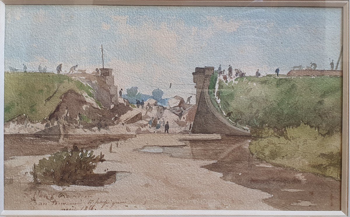 Henri Harpignies l'Effondrement Du Pont De Chemin De Fer à Challuy Nièvre Train Aquarelle-photo-1