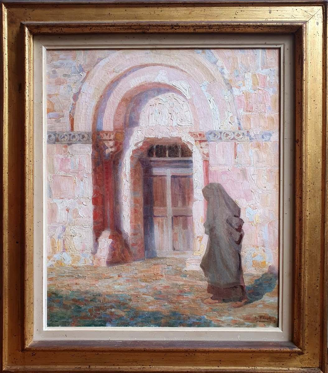 Lionel Floch Bretonne Devant Une église Huile Sur Toile 1921 Bretagne-photo-2