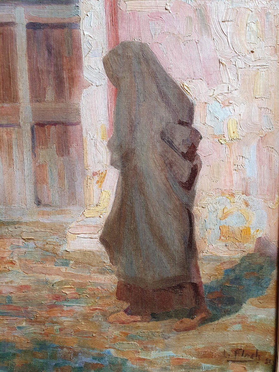 Lionel Floch Bretonne In Front Of A Church Oil On Canvas 1921 Brittany-photo-3