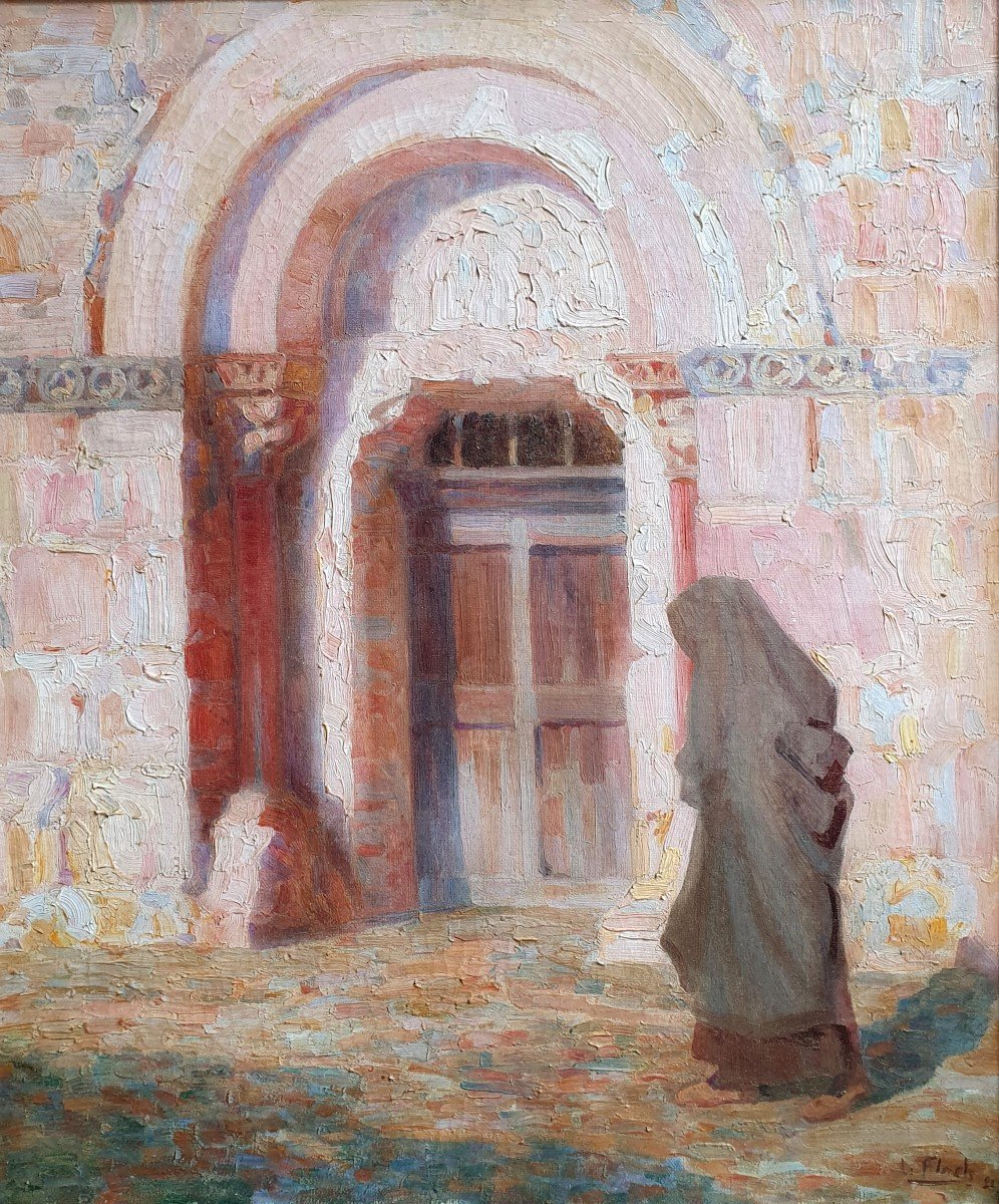 Lionel Floch Bretonne In Front Of A Church Oil On Canvas 1921 Brittany