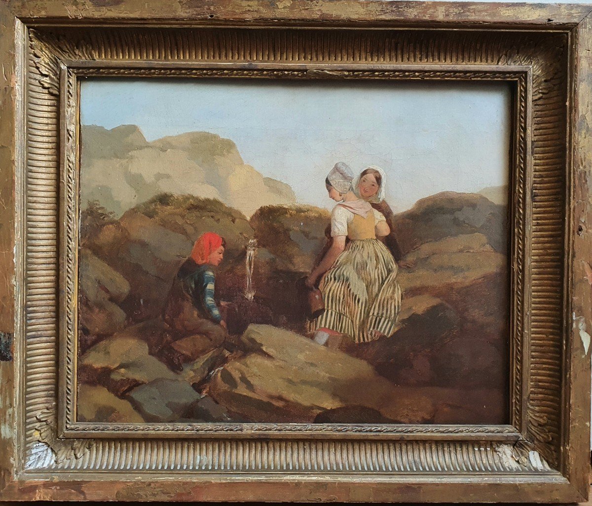 Young Women And Young Man At The Source Oil On Canvas XIXth Century Circa 1840 Provence-photo-4