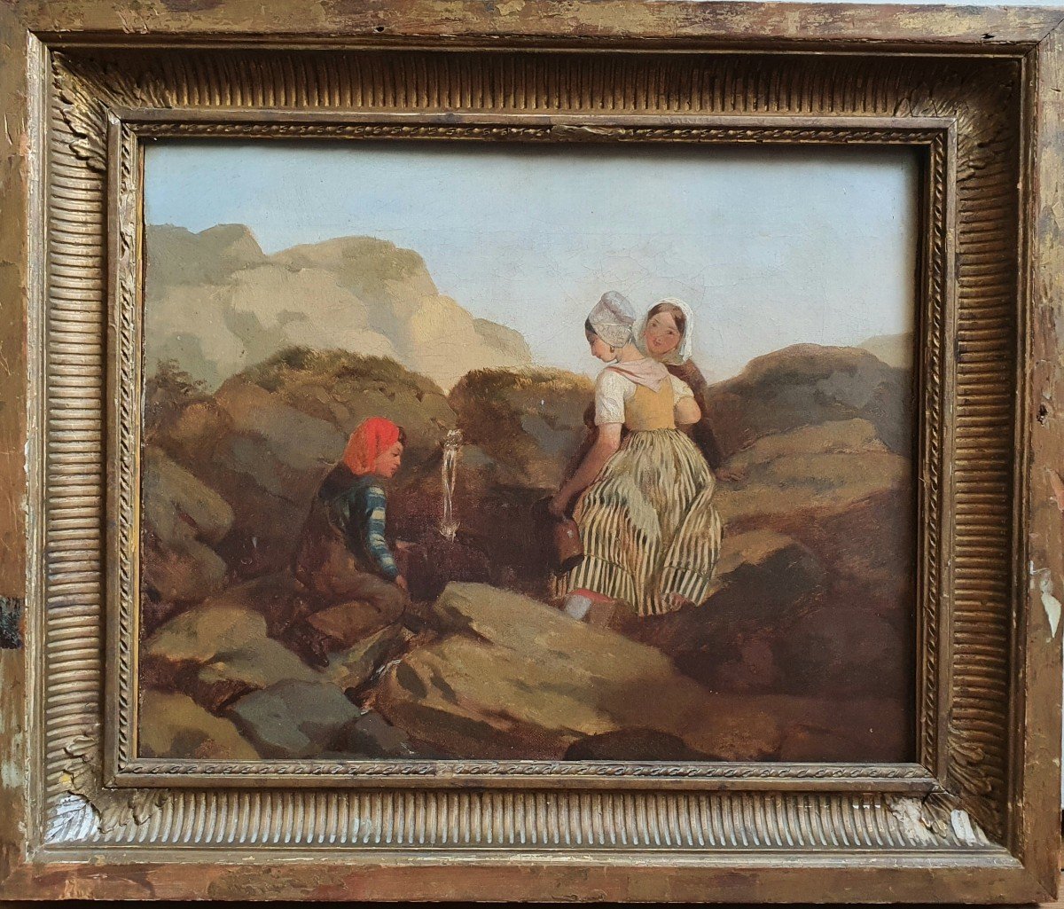 Jeunes Femmes Et Jeune Homme à La Source Huile Sur Toile XIXème Siècle Circa 1840 Provence -photo-4