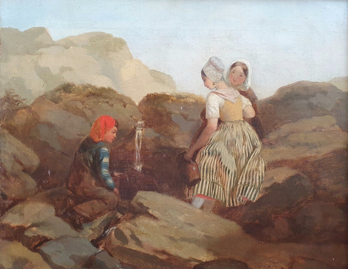 Young Women And Young Man At The Source Oil On Canvas XIXth Century Circa 1840 Provence