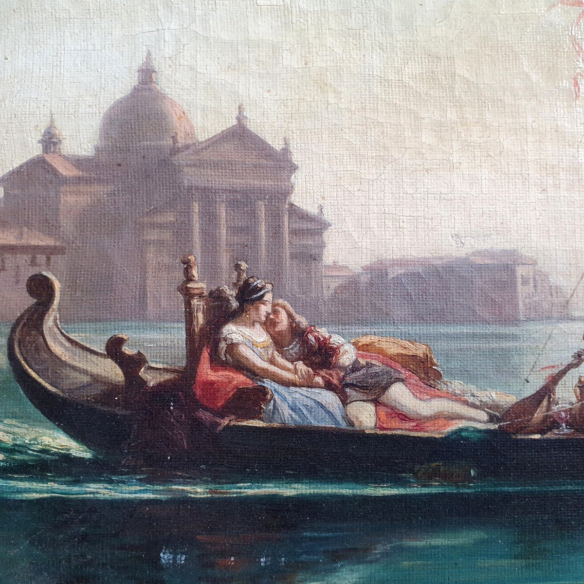 Gallant Scene In Venice Gondola Oil On Canvas From XIXth Century Italy-photo-3