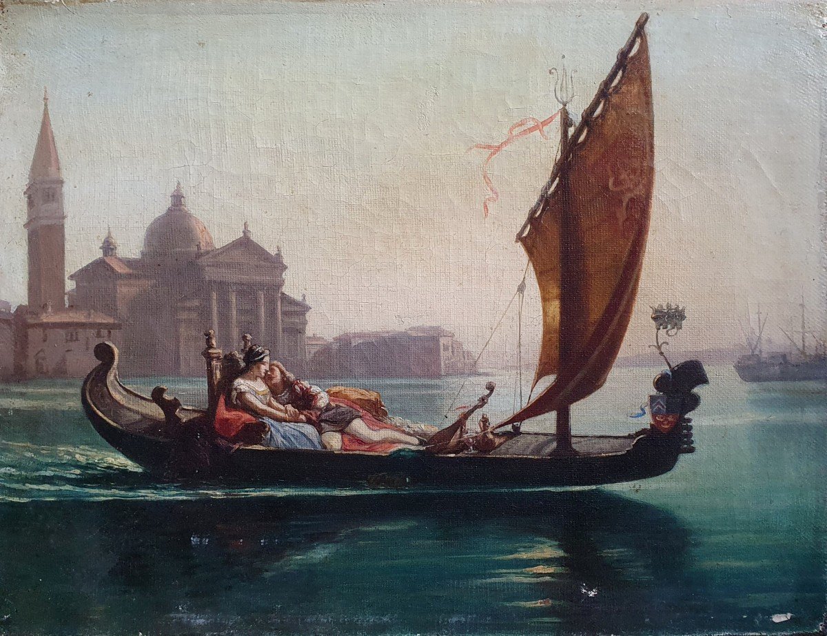 Gallant Scene In Venice Gondola Oil On Canvas From XIXth Century Italy