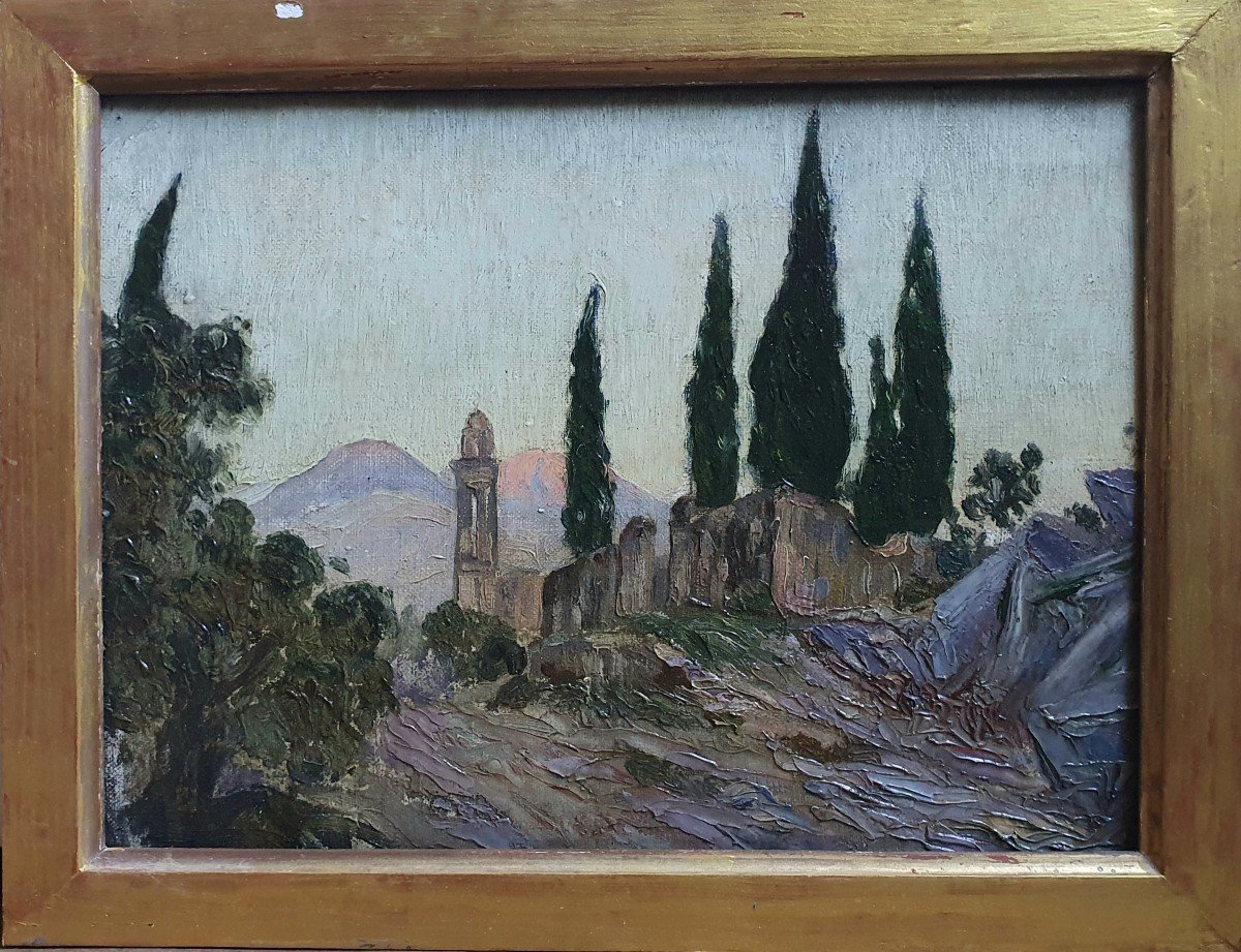 Cypress Landscape Oil On Canvas Board-photo-1