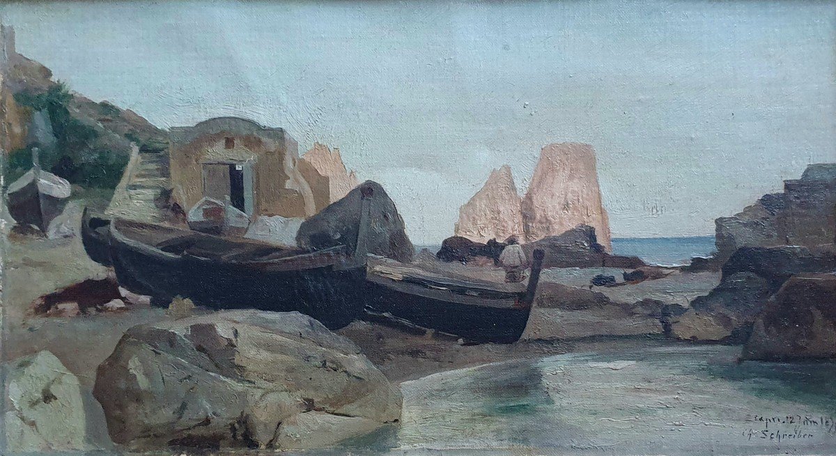 Charles Baptiste Schreiber Capri Italie Huile Sur Toile  1875 Marine Mer 