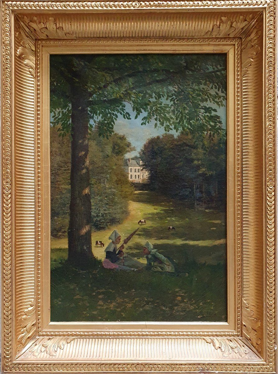 Raoul Edmond Marie Young Breton Girls Seated In Front Of A Castle Near Nevez Finistère Oil On-photo-2