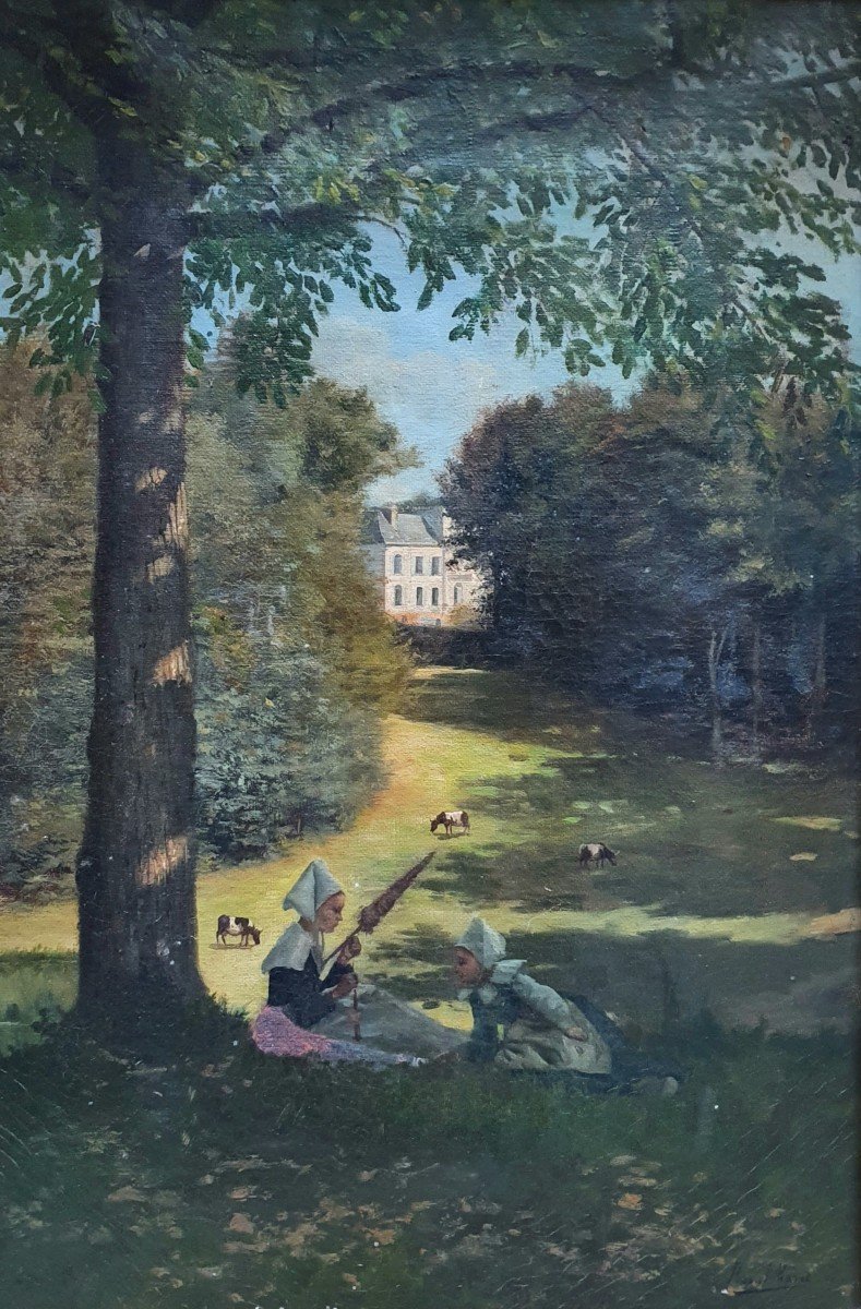 Raoul Edmond Marie Young Breton Girls Seated In Front Of A Castle Near Nevez Finistère Oil On