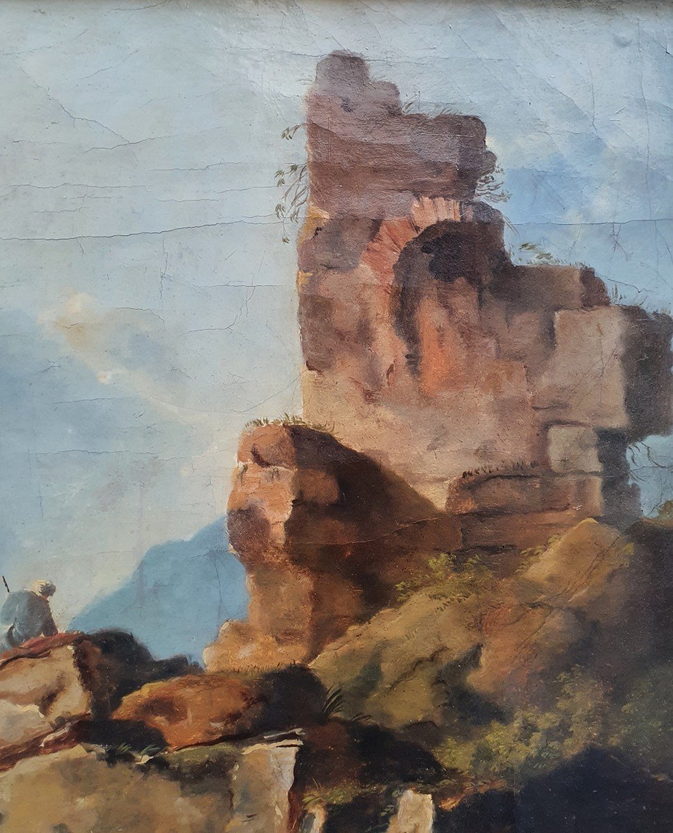 Paysage d'Italie Animé Ruines Huile Sur Toile Fin XVIIIème Début Du XIXème Cartel J Vernet-photo-4