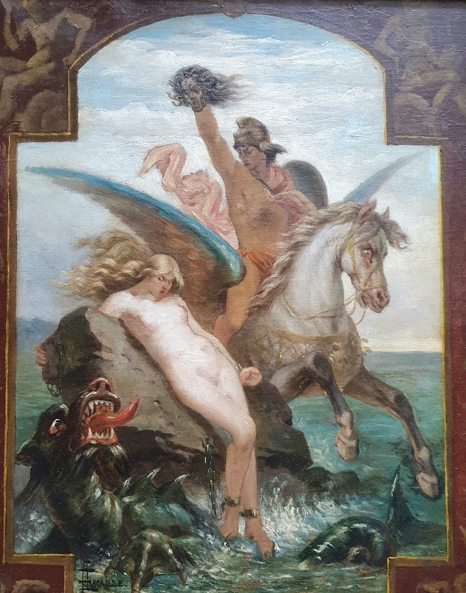 Félix Lacaille Persée Délivrant Andromède Huile Sur Toile Tête De Méduse Esquisse-photo-3