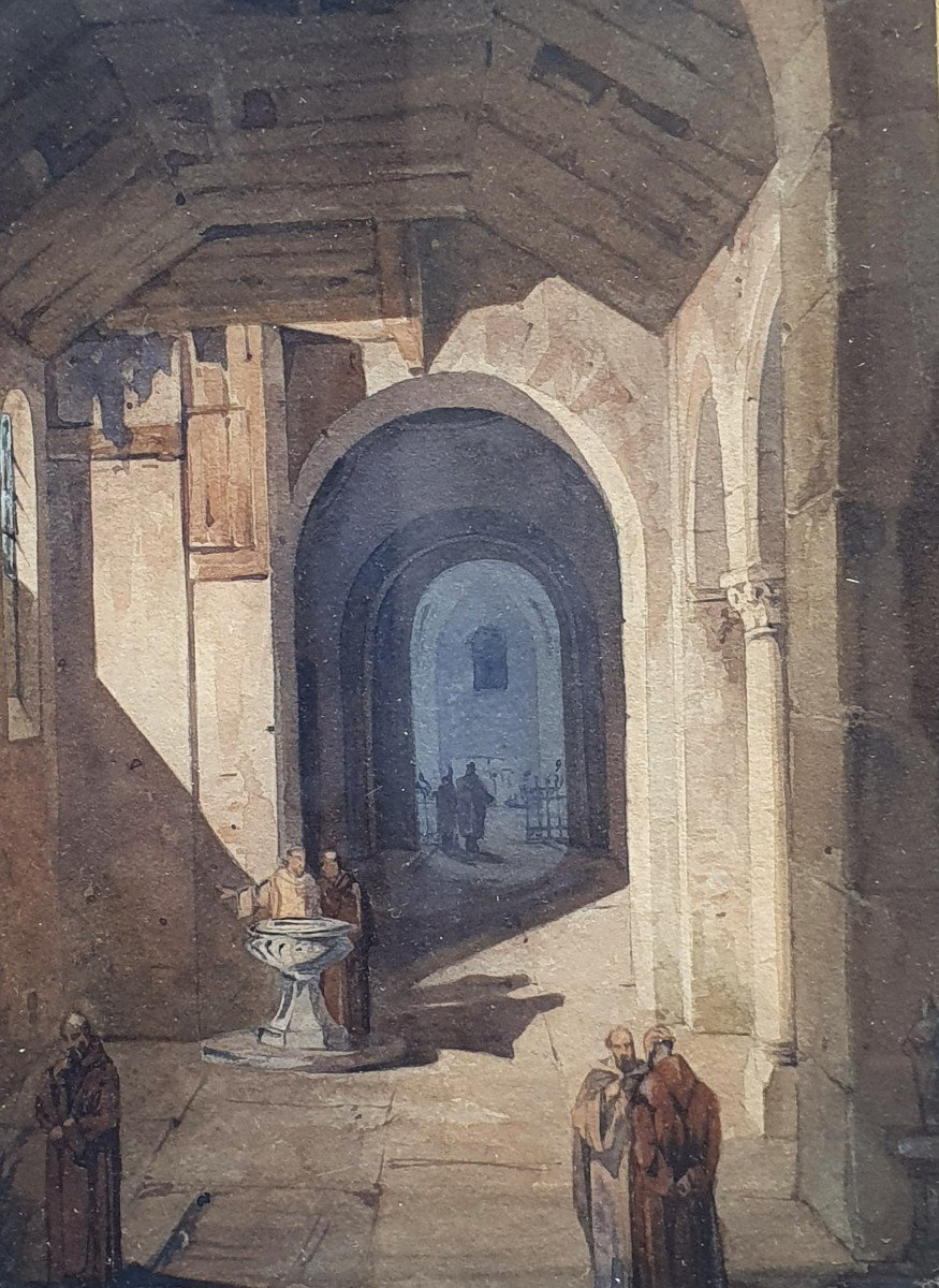 Intérieur d'Un Monastère Aquarelle Du Début Du XIXéme Siècle-photo-1