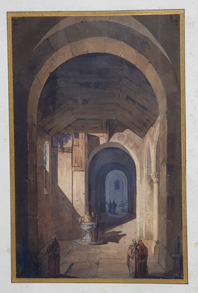 Intérieur d'Un Monastère Aquarelle Du Début Du XIXéme Siècle