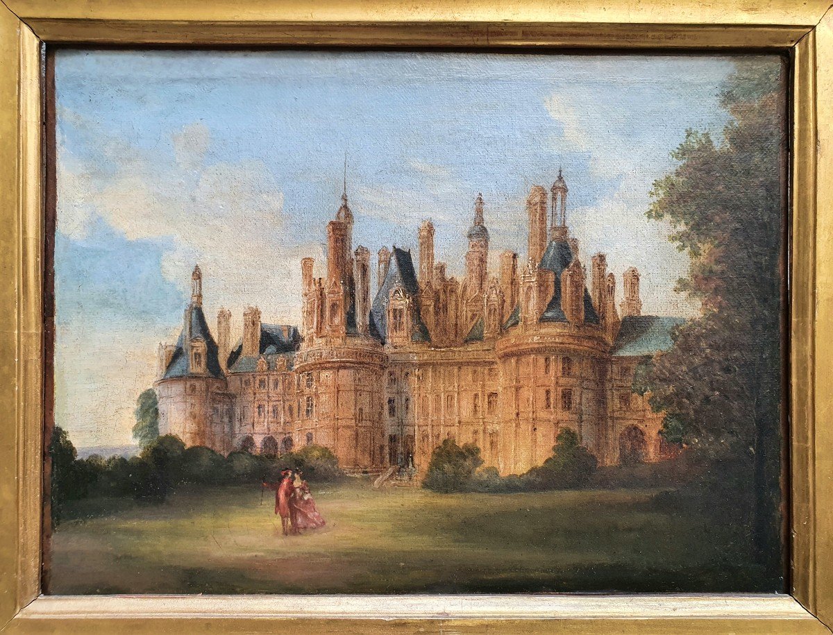 Château De Chambord Scène Animée Huile Sur Toile Milieu Du XIXème Siècle-photo-3