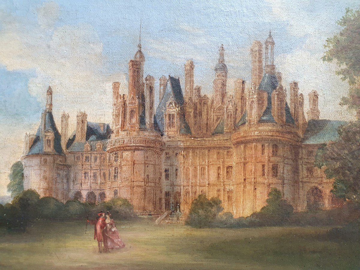 Château De Chambord Animated Scene Oil On Canvas Mid XIXth Century-photo-4