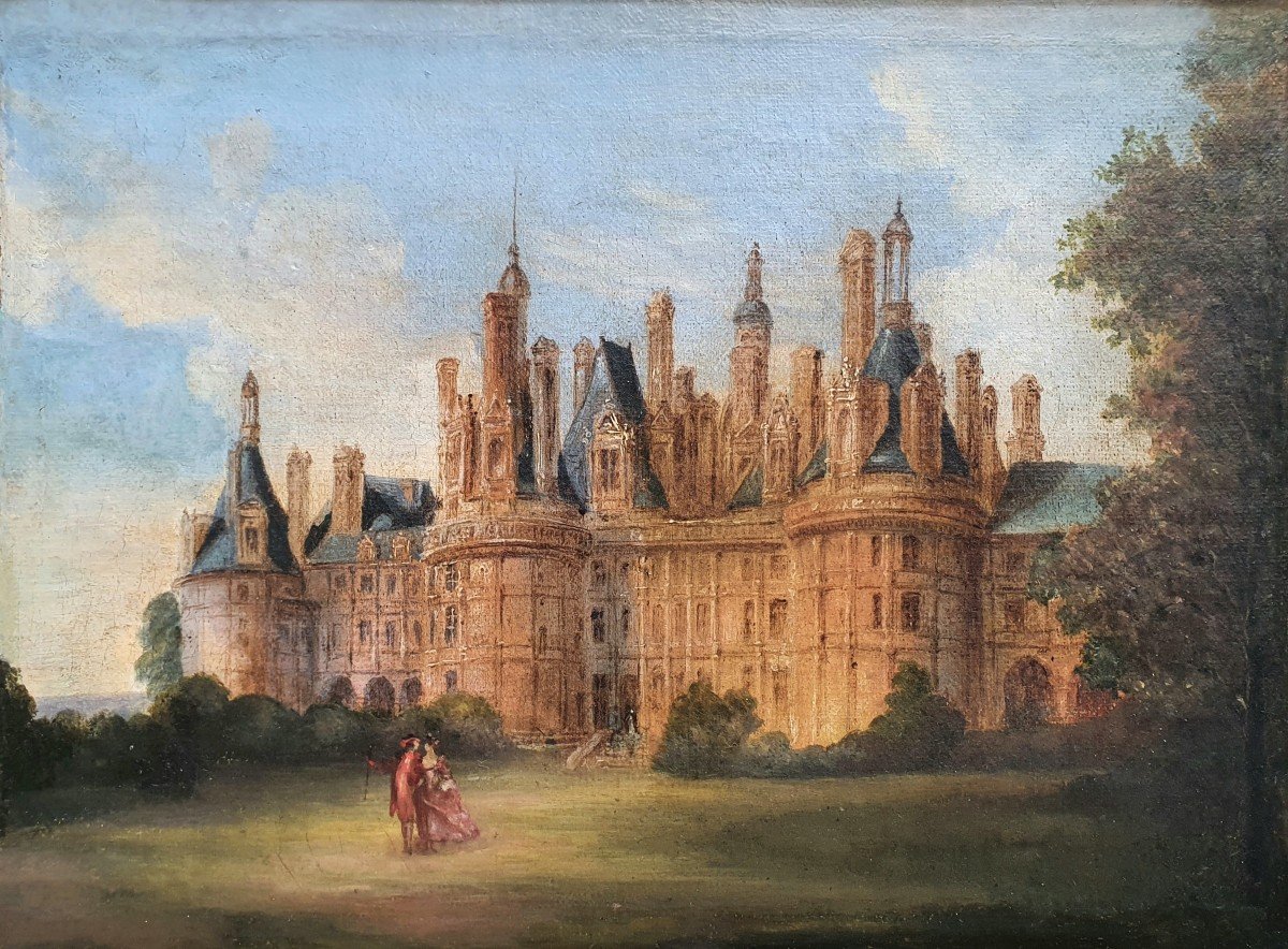 Château De Chambord Animated Scene Oil On Canvas Mid XIXth Century