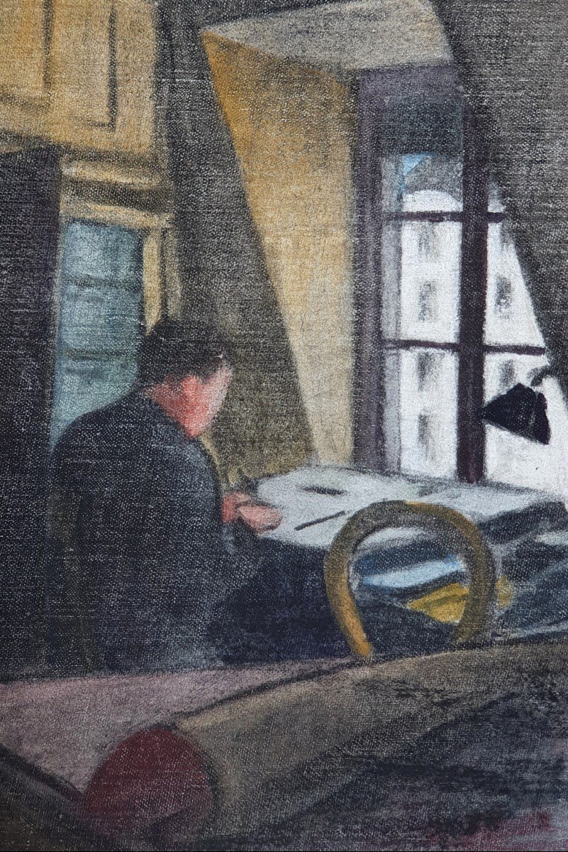 René Besserve The Draftsman Artist's Workshop Oil On Canvas Paper Self-portrait-photo-2
