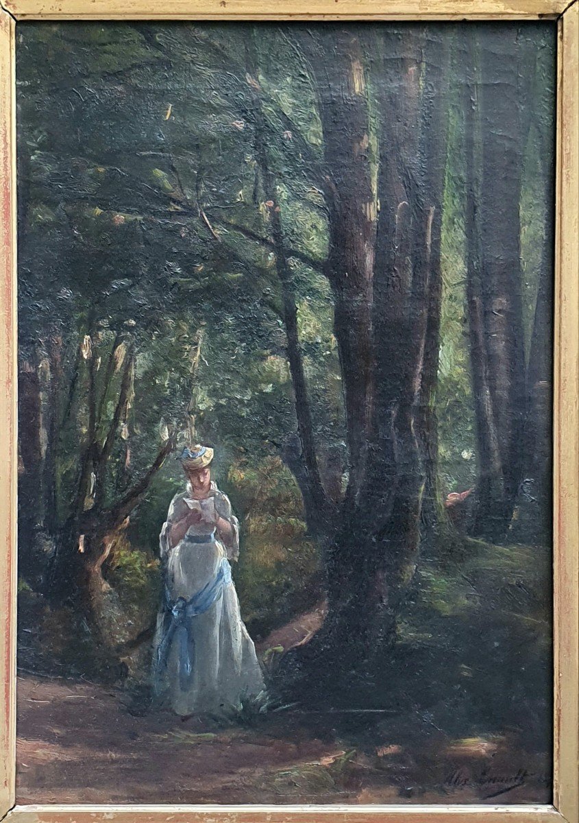 Alix Louise Enault Jeune Femme à La Lecture Dans Une Forêt Huile Sur Toile 1877-photo-1