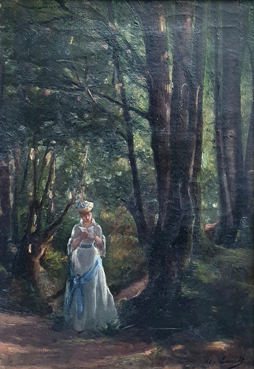 Alix Louise Enault Young Woman Reading In A Forest Oil On Canvas 1877