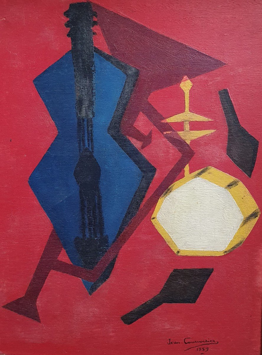 Jean Courvoisier Oil On Panel Cubist Musical Instruments 1959-photo-2