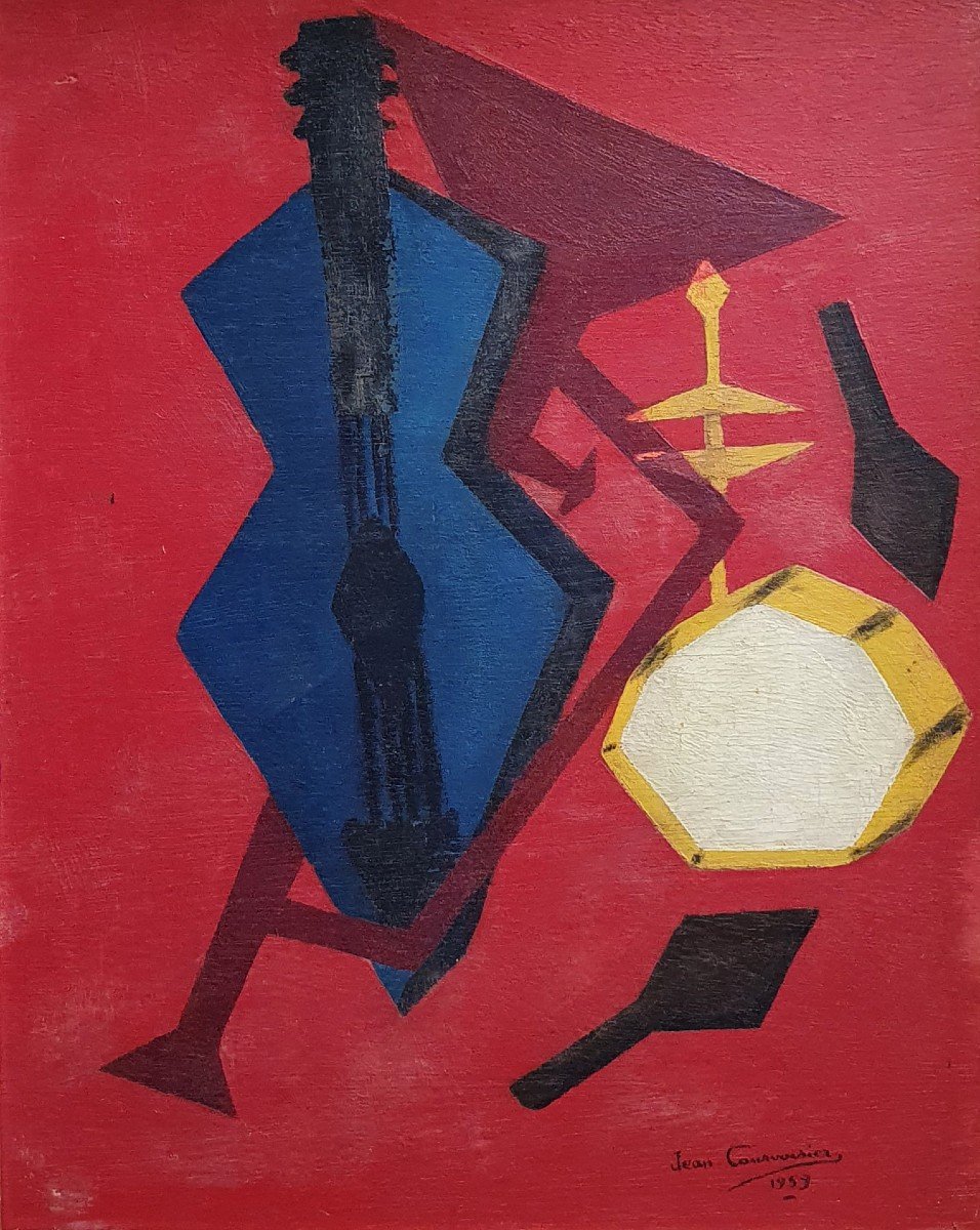 Jean Courvoisier Oil On Panel Cubist Musical Instruments 1959