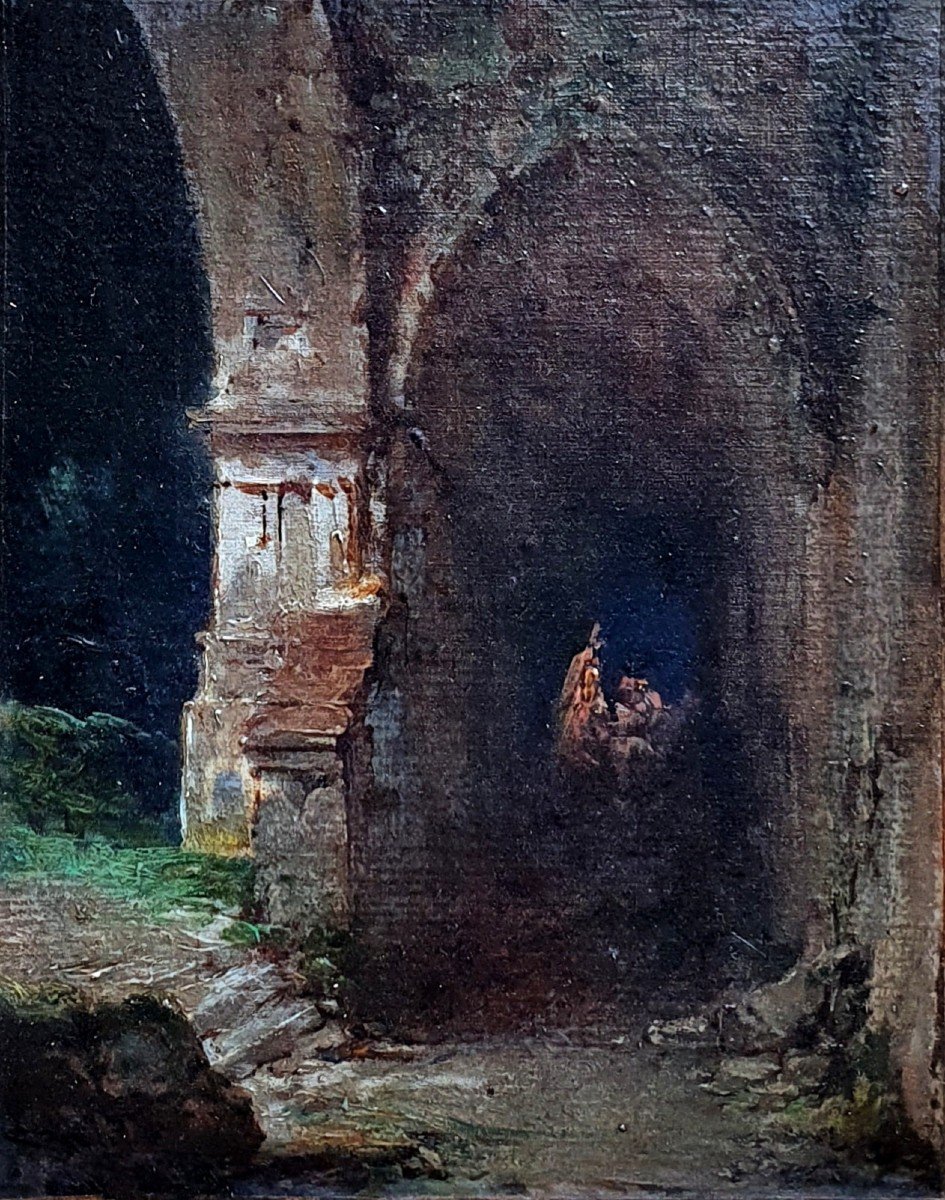 Intérieur d'Une église En Ruine Huile Sur Toile Dans Le Goût De Granet Italie-photo-2