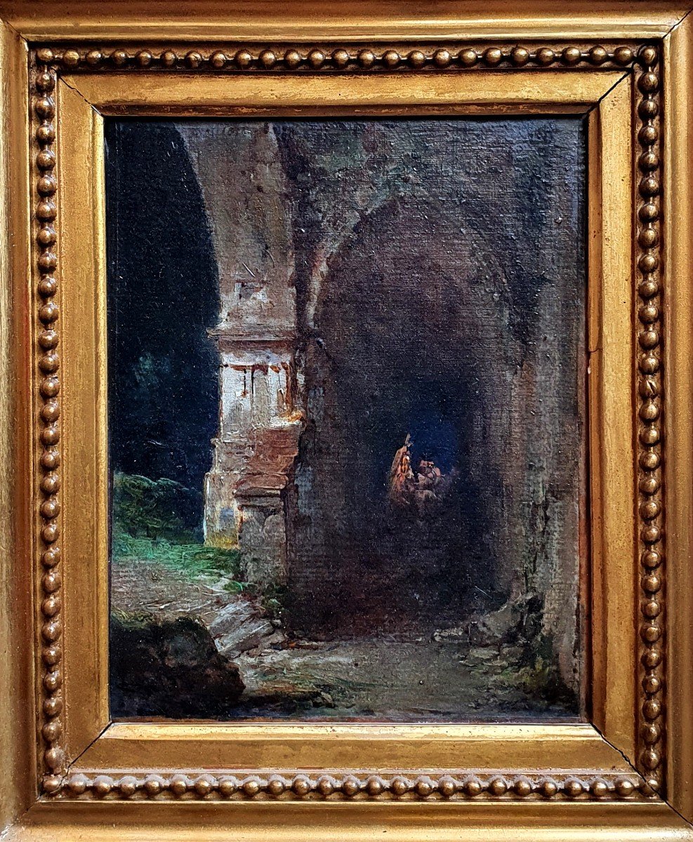 Interior Of A Ruined Church Oil On Canvas In The Taste Of Granet Italy