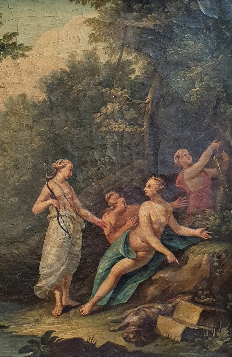 Jens Juel Diane Chasseresse Peintre Danois Huile Sur Toile Du XVIIIème Siècle Chiens à Nettoyer-photo-3