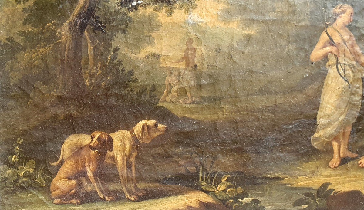 Jens Juel Diane Chasseresse Peintre Danois Huile Sur Toile Du XVIIIème Siècle Chiens à Nettoyer-photo-4